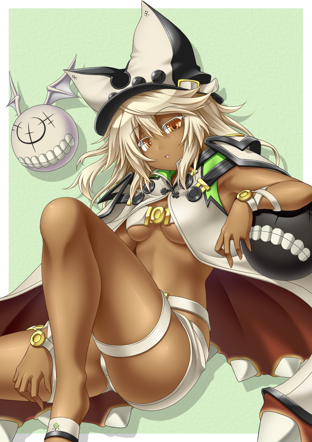 1girl armpits beltbra beltskirt bracelet breasts cape dark_skin guilty_gear guilty_gear_xrd hair_between_eyes hat highres jewelry knee_up long_hair looking_at_viewer medium_breasts navel orange_eyes parted_lips ramlethal_valentine revealing_clothes roura short_shorts shorts silver_hair solo stomach thigh_strap under_boob