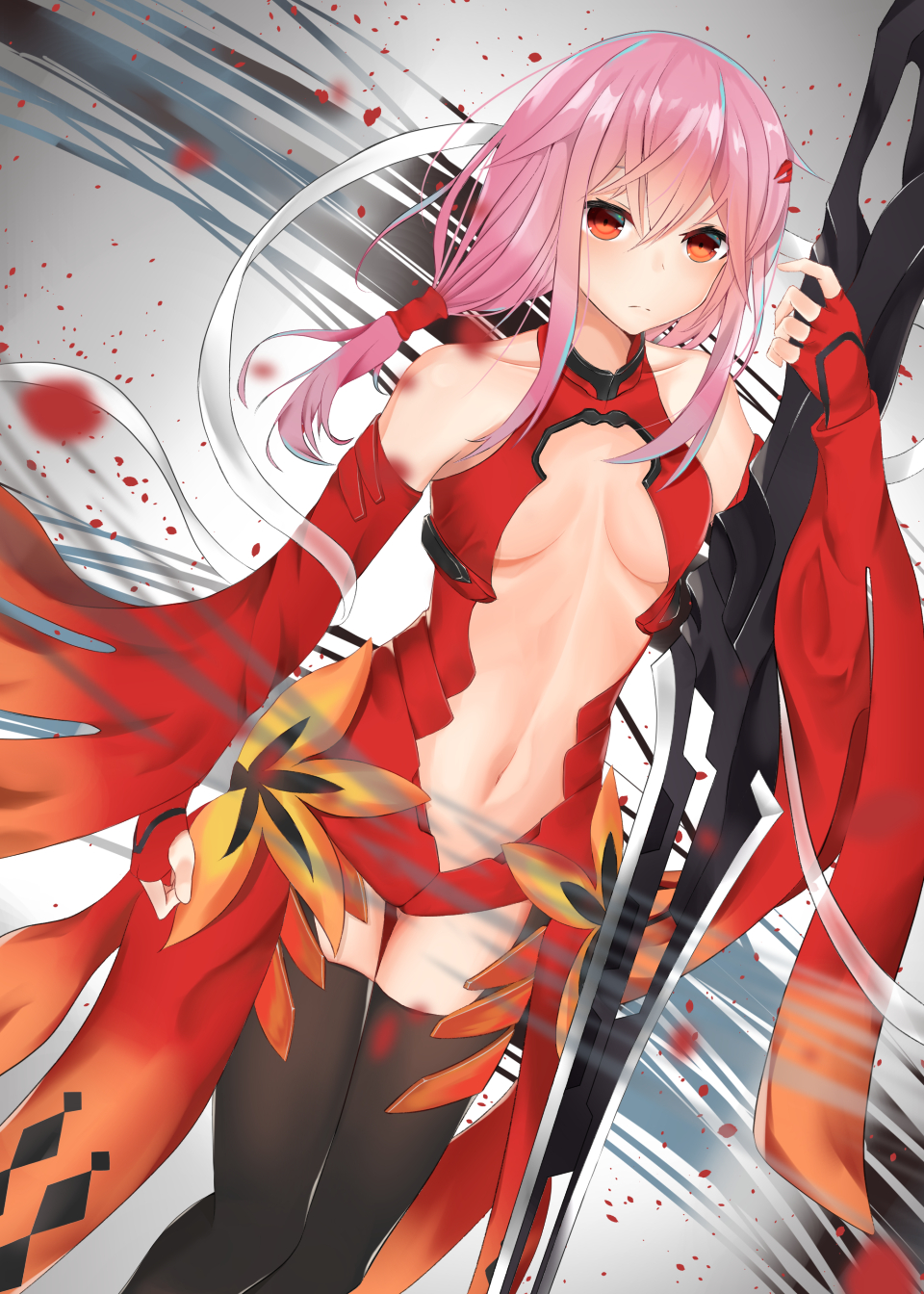 1girl bare_shoulders black_legwear breasts center_opening cleavage detached_sleeves elbow_gloves fingerless_gloves gloves guilty_crown hair_ornament hairclip highres long_hair medium_breasts navel pink_hair red_eyes solo syun_(05250) twintails void_(guilty_crown) yuzuriha_inori