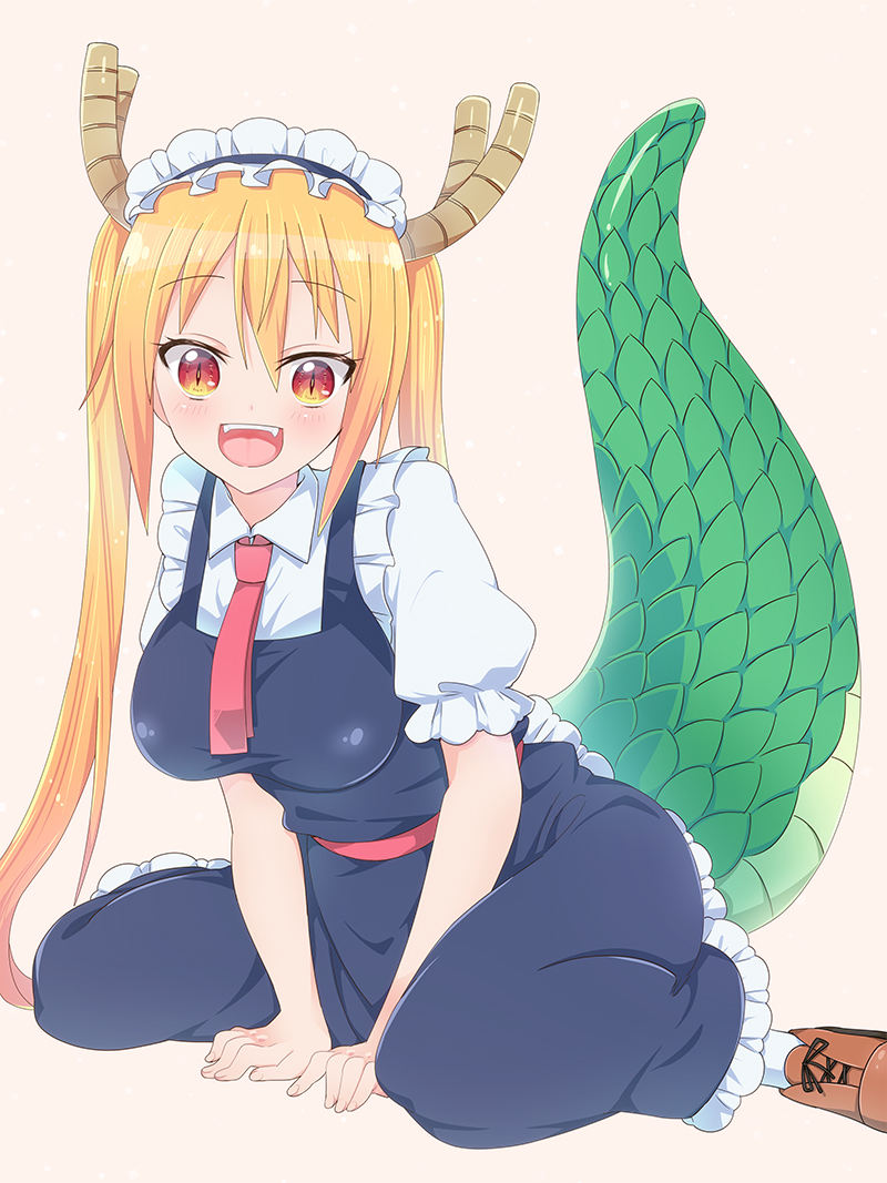 1girl bangs blonde_hair blush breasts dragon_girl dragon_horns dragon_tail dress eyebrows_visible_through_hair horns kobayashi-san_chi_no_maidragon large_breasts long_hair looking_at_viewer maid maid_headdress maromi_air monster_girl necktie open_mouth red_eyes red_necktie scales shoes short_sleeves simple_background sitting slit_pupils solo tail tail_raised tied_hair tooru_(maidragon) twintails wariza