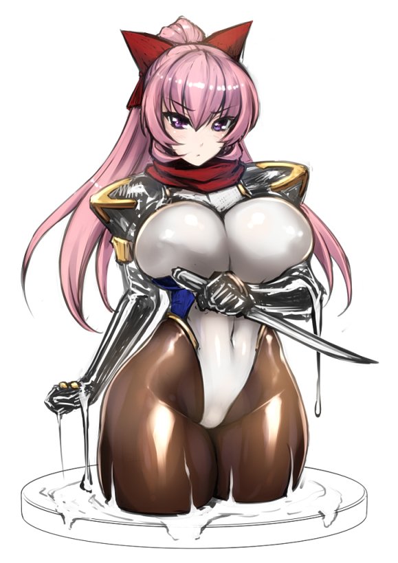1girl blush bodysuit breasts covered_navel cowboy_shot cropped_legs curvy elbow_gloves gloves hair_ribbon highleg holding holding_sword holding_weapon katana large_breasts leotard long_hair looking_at_viewer original pink_hair ponytail ribbon rindou_(radical_dream) simple_background skin_tight solo sword thick_thighs thighs violet_eyes weapon white_background wide_hips
