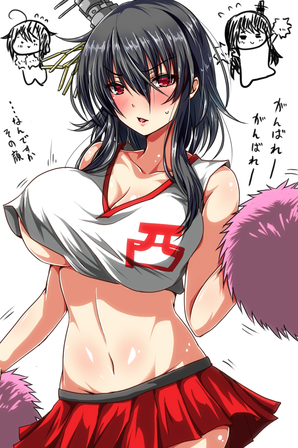 3girls ahoge alternate_costume ar_(lover_boy) armpits black_hair blush breasts cheerleader clothes_writing collarbone commentary_request crop_top crop_top_overhang fusou_(kantai_collection) hair_ornament highres kantai_collection large_breasts long_hair looking_at_viewer midriff miniskirt multiple_girls navel open_mouth pom_poms red_eyes shigure_(kantai_collection) shiny shiny_skin short_hair skirt sleeveless sweatdrop translation_request under_boob yamashiro_(kantai_collection)