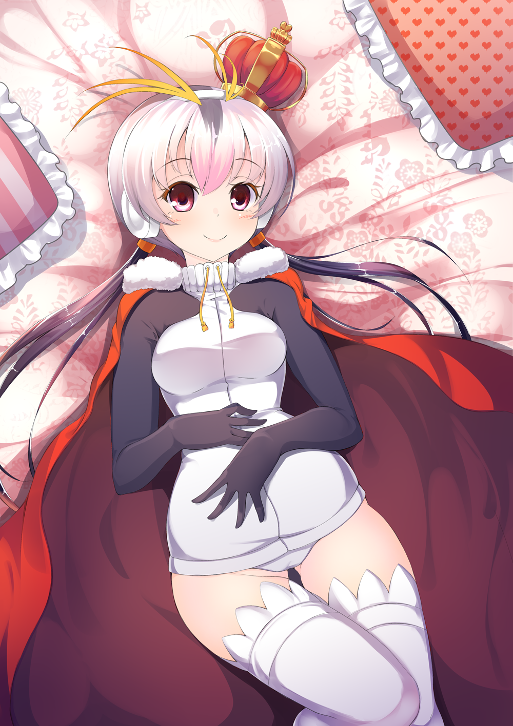 1girl bed black_hair cape crown drawstring floral_print fur_trim hands_on_own_stomach headphones heart heart_print highres inu3 kemono_friends knees_together looking_at_viewer low_twintails lying multicolored_hair on_back pillow pink_eyes red_cape royal_penguin_(kemono_friends) smile solo striped sweater thigh-highs twintails vertical_stripes white_hair white_legwear