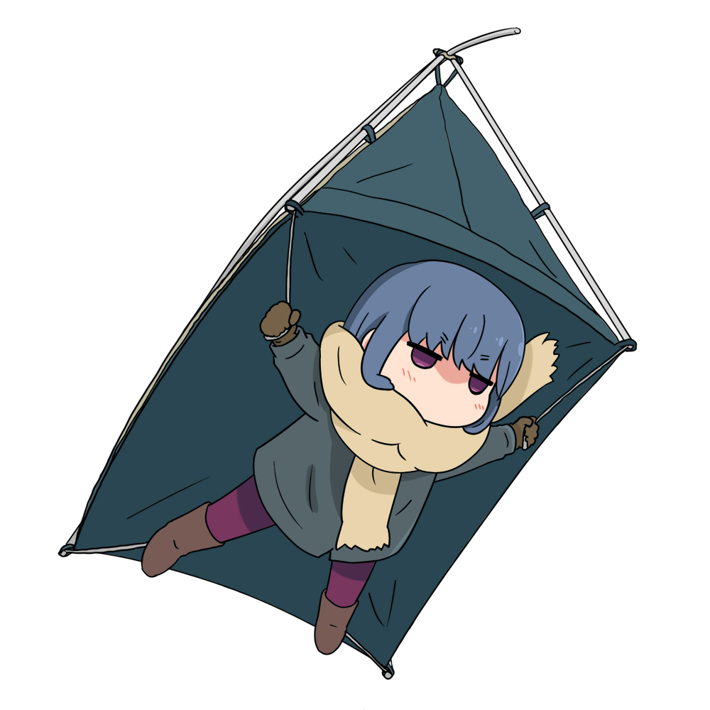 1girl beige_scarf blush boots brown_footwear brown_gloves chibi commentary_request denden eyebrows_visible_through_hair gloves green_coat jitome no_mouth pantyhose pink_legwear scarf shima_rin simple_background solo tent v-shaped_eyebrows violet_eyes white_background yurucamp