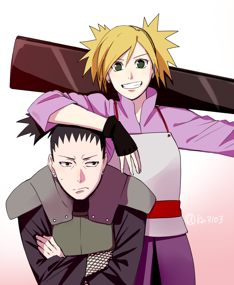 1boy 1girl black_hair blonde_hair fan fingerless_gloves gloves green_eyes grin long_hair nara_shikamaru naruto ponytail satomi_(n-s_freedom) smile sweatdrop temari twitter_username weapon