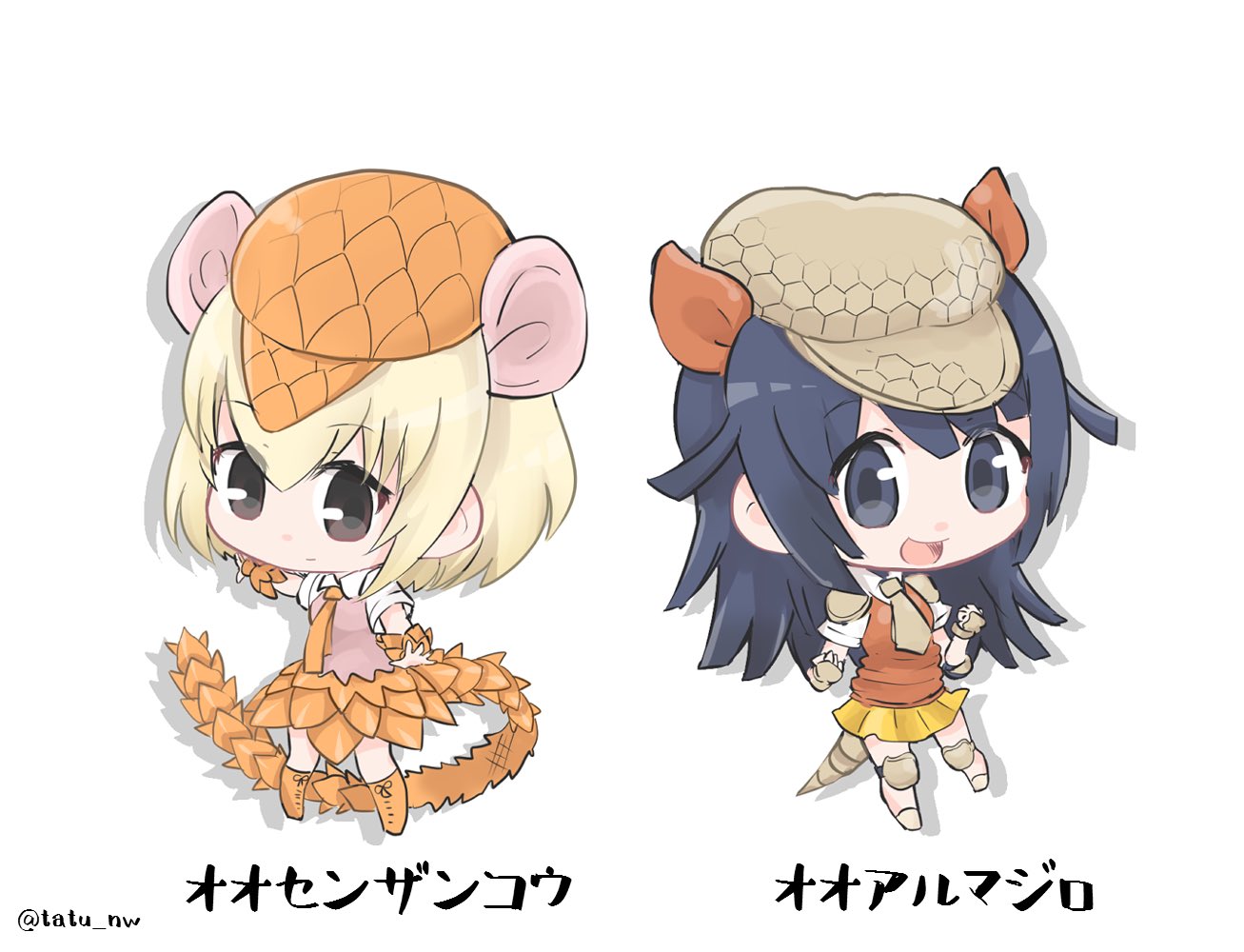 2girls :d :| animal_ears armadillo_ears armadillo_tail beige_hat beret blonde_hair blue_eyes blue_hair boots brown_eyes character_name chibi closed_mouth collar collared_shirt commentary_request eyebrows_visible_through_hair full_body giant_armadillo_(kemono_friends) giant_pangolin_(kemono_friends) hair_between_eyes hat kemono_friends knee_pads light_smile long_hair looking_at_viewer multiple_girls necktie open_mouth orange_boots orange_hat orange_necktie orange_skirt orange_vest pangolin_ears pangolin_tail pink_vest pleated_skirt shadow shirt shoelaces short_hair short_sleeves shoulder_pads simple_background skirt sleeveless smile standing tail tatu_nw twitter_username vest white_background white_shirt yellow_skirt