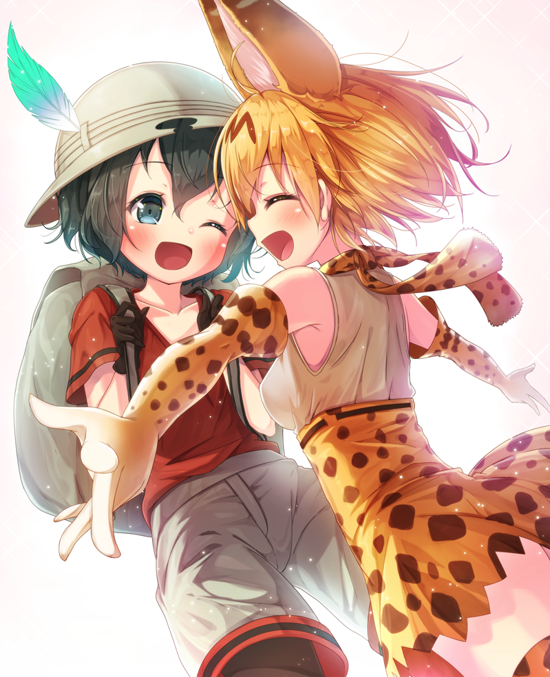 2girls ;d ^_^ ^_^print_skirt animal_ears backpack bag black_gloves black_hair blonde_hair blue_eyes cat_ears cat_tail closed_eyes elbow_gloves gloves hat kaban kemono_friends matokechi multiple_girls one_eye_closed open_mouth outstretched_arms pantyhose print_gloves print_skirt serval_(kemono_friends) short_hair shorts skirt smile tail yellow_gloves