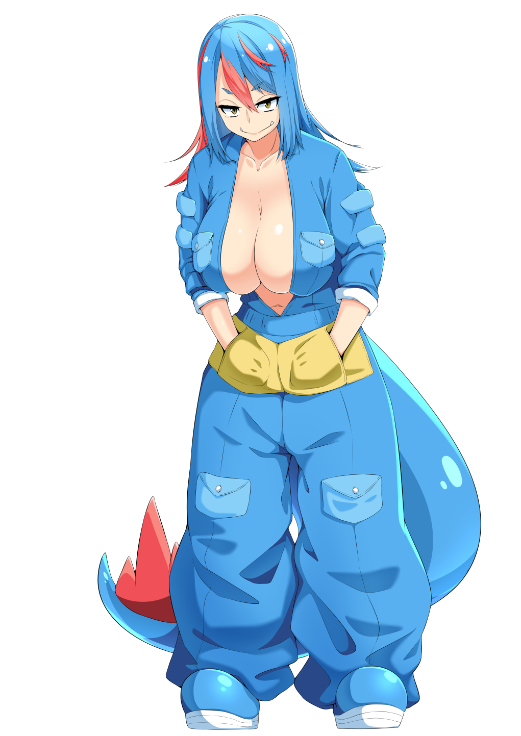 &gt;:) 1girl baggy_pants blue_hair blue_shoes breast_pocket breasts cleavage collarbone fangs female feraligatr full_body hair_between_eyes hands_in_pockets highres huge_breasts jumpsuit long_hair looking_at_viewer multicolored_hair navel pants personification pocket pokemon pokemon_(creature) pokemon_(game) redhead shoes short_eyebrows solo standing tail toudori tsurime two-tone_hair white_background yellow_eyes