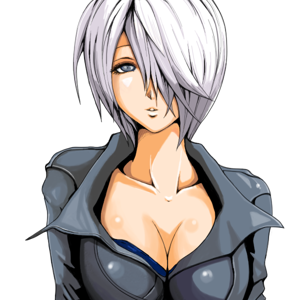 1girl angel_(kof) artist_request black_jacket breasts cleavage collarbone grey_eyes hair_over_one_eye jacket large_breasts looking_at_viewer parted_lips short_hair silver_hair solo the_king_of_fighters upper_body white_background