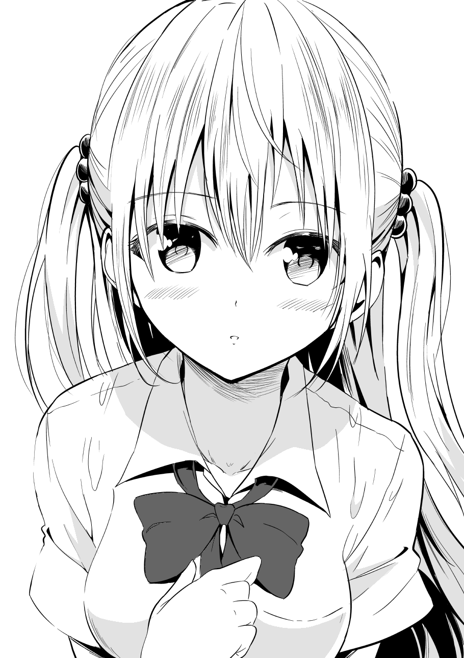 1girl attsun_(atsushi_jb) bangs blush bow bowtie breasts close-up collared_shirt eyebrows_visible_through_hair greyscale hair_between_eyes hand_on_own_chest highres long_hair looking_at_viewer medium_breasts monochrome original parted_lips school_uniform shirt short_sleeves solo two_side_up upper_body wing_collar