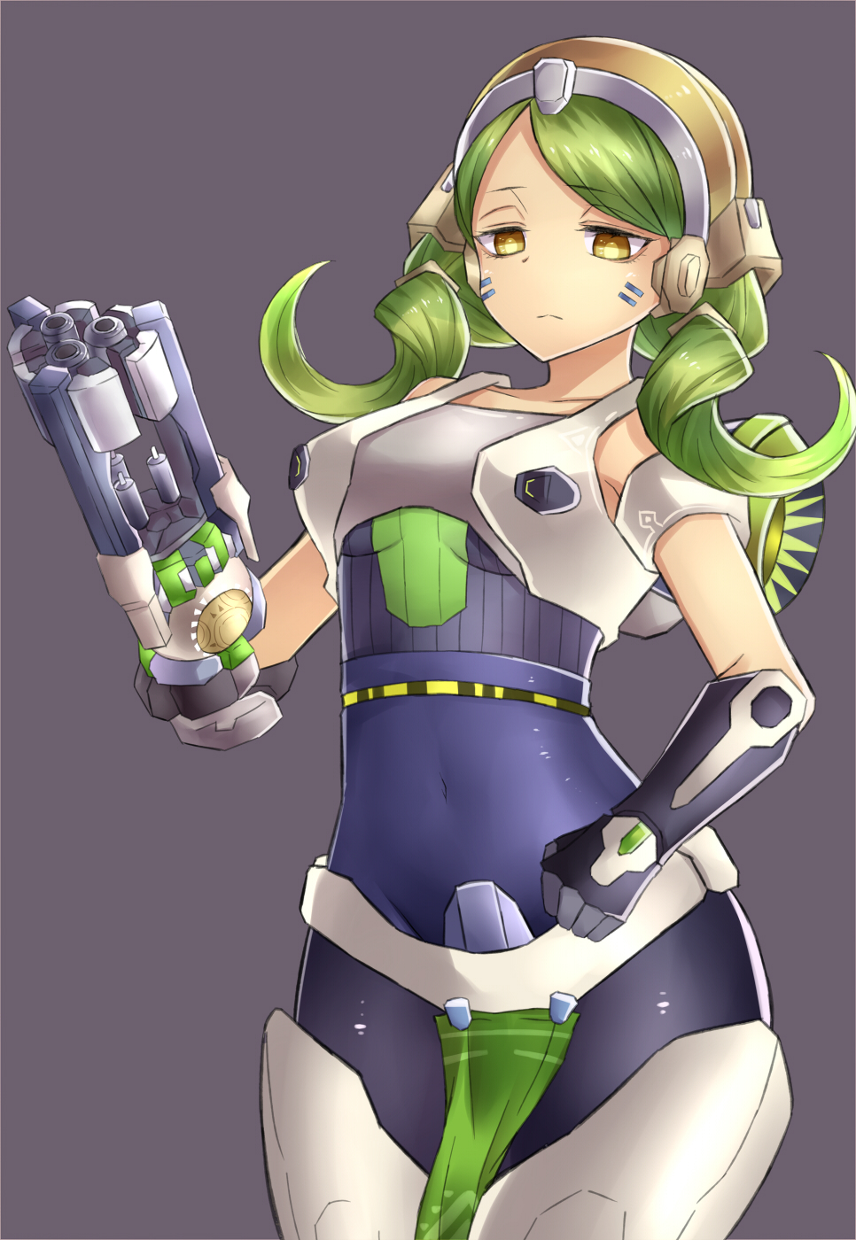 1girl arm_cannon armband bodysuit breasts commentary_request drill_hair expressionless facial_mark gloves green_hair gun hand_on_hip headgear highres loincloth looking_at_viewer mecha_musume navel neit_ni_sei orisa_(overwatch) overwatch personification purple_background robot_ears single_glove sleeveless solo thigh-highs tight twin_drills twintails upper_body weapon yellow_eyes