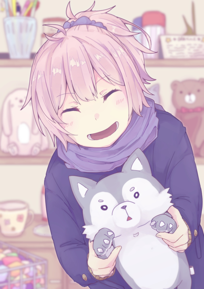1girl ^_^ ^o^ aoba_(kantai_collection) blue_coat blue_scarf blurry closed_eyes cup depth_of_field doll kantai_collection long_sleeves open_mouth pen pink_hair ponytail scarf shikajima_shika short_hair smile solo stuffed_animal stuffed_toy teddy_bear