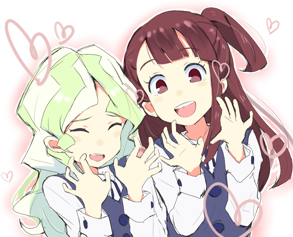 2girls awkward blonde_hair brown_hair diana_cavendish gedou_(ge_ge_gedou) hands heart kagari_atsuko laughing little_witch_academia long_hair multiple_girls school_uniform smile