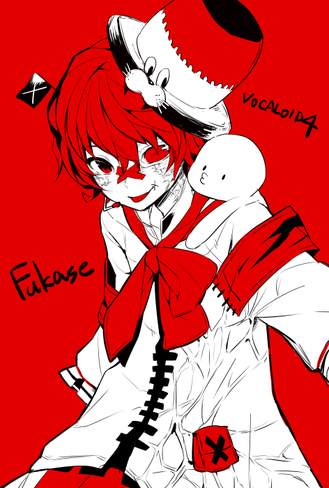 1boy :p bandaid bandaid_on_nose character_name coat flag fukase hat head_flag headset looking_at_viewer male_focus mizuhoshi_taichi monochrome on_shoulder point_(vocaloid) red_background red_eyes short_hair simple_background smile tongue tongue_out top_hat upper_body veins vocaloid