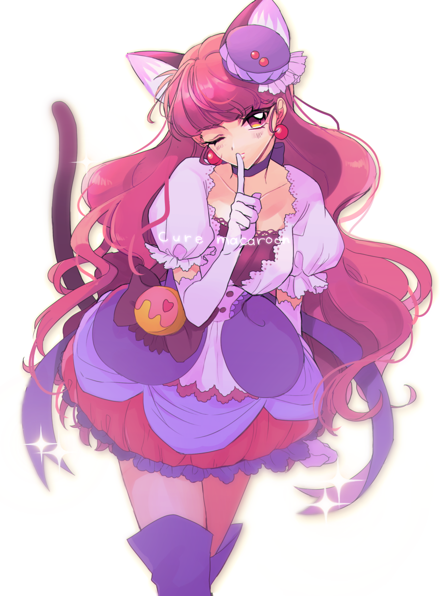 1girl animal_ears blush cat_ears cat_tail character_name choker cure_macaron elbow_gloves finger_to_mouth food_themed_hair_ornament gloves hair_ornament highres index_finger_raised kirakira_precure_a_la_mode kojiko_(kizikoriann) kotozume_yukari long_hair macaron_hair_ornament magical_girl one_eye_closed precure purple_hair purple_legwear tail thigh-highs violet_eyes white_gloves