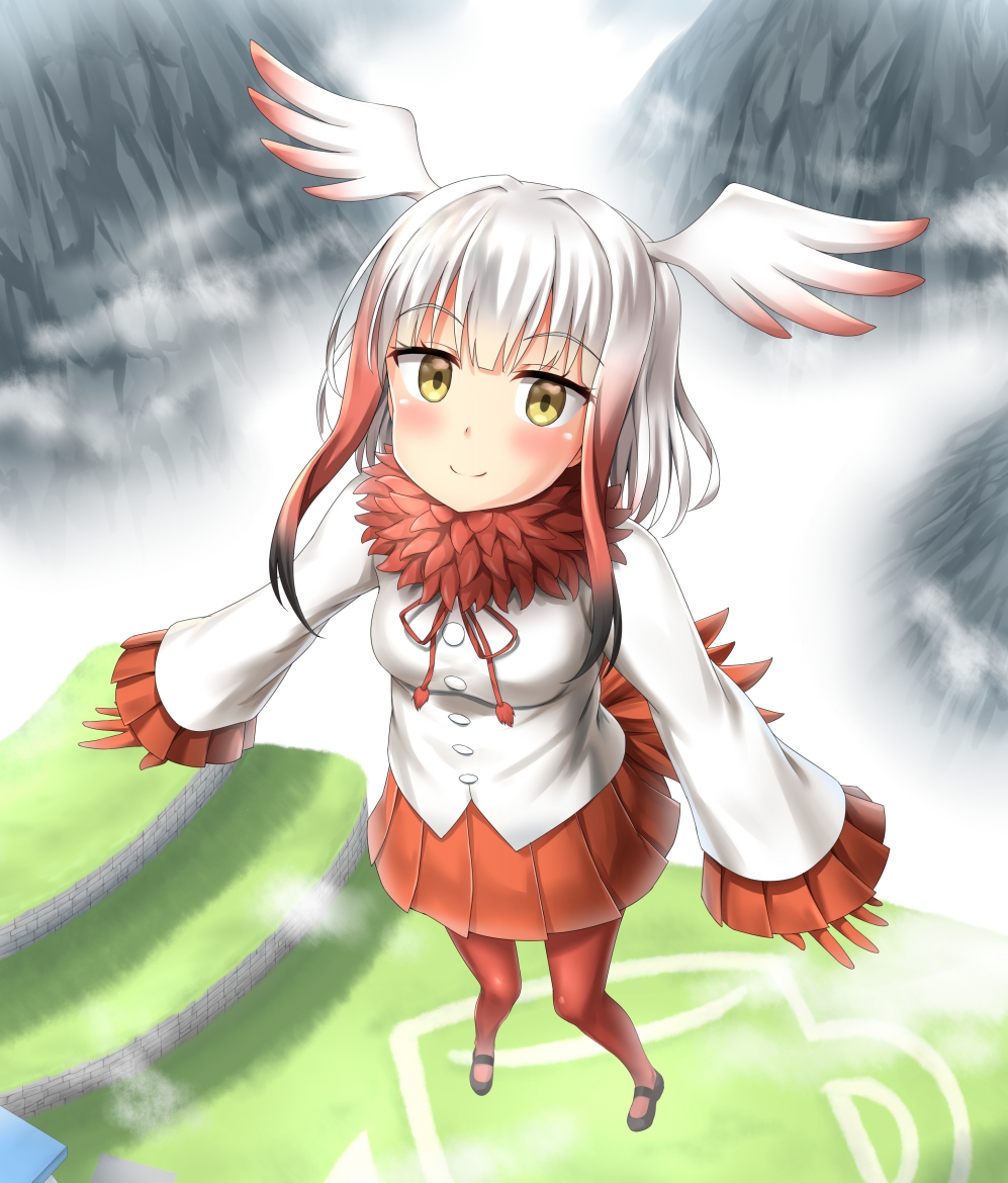 1girl coat crested_ibis_(kemono_friends) flying gradient_hair head_wings kemono_friends looking_at_viewer mary_janes multicolored_hair nedia_r pantyhose pleated_skirt red_legwear shoes short_hair short_hair_with_long_locks skirt smile solo winter_clothes winter_coat yellow_eyes