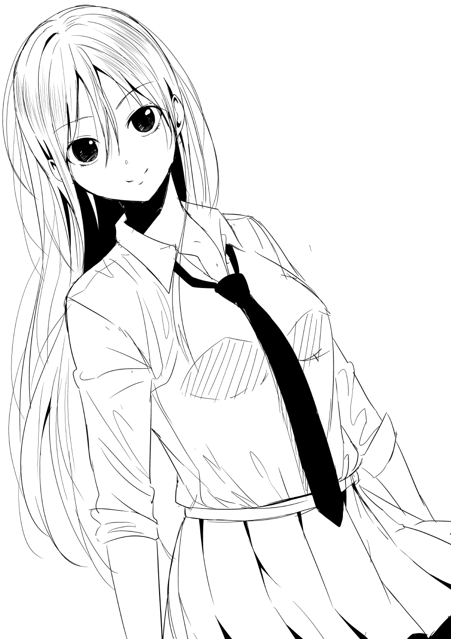 1girl attsun_(atsushi_jb) breasts closed_mouth collared_shirt dutch_angle greyscale hair_between_eyes highres lineart long_hair looking_at_viewer medium_breasts monochrome necktie original pleated_skirt school_uniform shirt simple_background sketch skirt sleeves_rolled_up smile solo white_background wing_collar