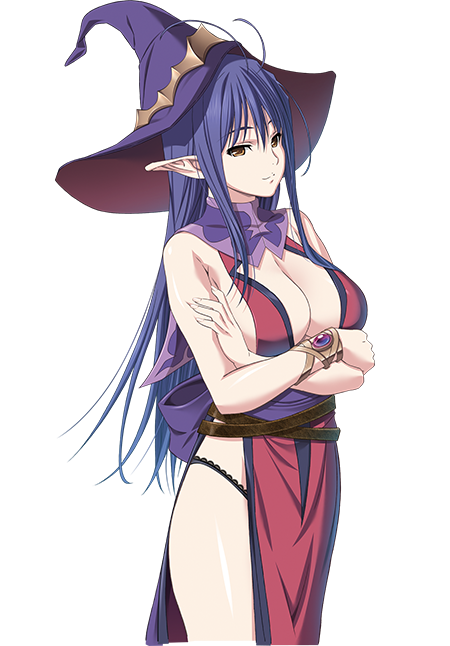 1girl beltskirt blue_hair bracelet breasts cleavage cowboy_shot crossed_arms dungeon_of_regalias jewelry large_breasts long_hair looking_at_viewer m&amp;m pelvic_curtain pointy_ears red_eyes smile solo transparent_background