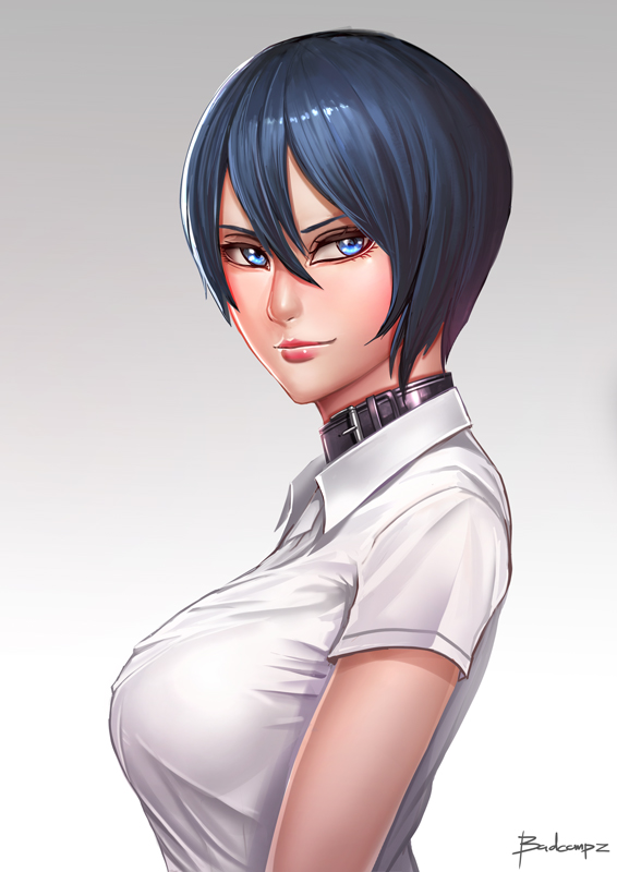 1girl badcompzero black_hair blue_eyes breasts gradient gradient_background grey_background lips looking_at_viewer original short_hair signature smile solo upper_body