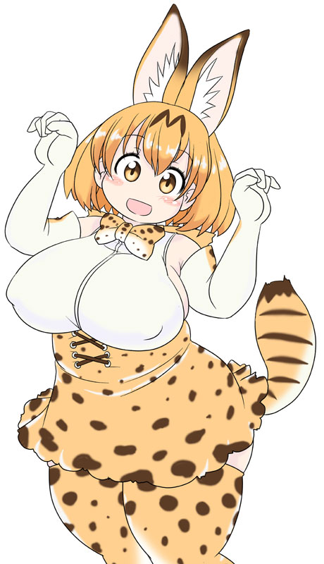 13988 1girl :d animal_ears blonde_hair blush blush_stickers bow bowtie breasts cat_ears cat_tail corset dress elbow_gloves erect_nipples fat fat_folds gloves head_tilt kemono_friends large_breasts looking_at_viewer multicolored_hair open_mouth paw_pose plump serval_(kemono_friends) short_hair sideboob smile solo spots spotted_skirt streaked_hair striped tail thick_thighs thigh-highs thighs yellow_eyes zettai_ryouiki