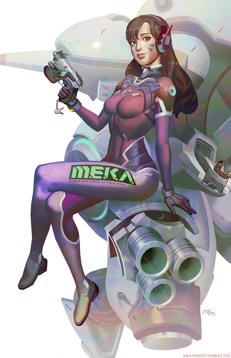 1girl acronym alternate_color animal_print artist_name bangs bodysuit bracer breasts brown_eyes brown_hair bunny_print charm_(object) clothes_writing d.va_(overwatch) facepaint facial_mark full_body gloves gun handgun headphones high_collar highres holding holding_gun holding_weapon legs_crossed long_hair looking_at_viewer looking_to_the_side mecha medium_breasts meka_(overwatch) mila_the_mute overwatch parted_lips pilot_suit pink_lips pistol ribbed_bodysuit shoulder_pads signature simple_background sitting sitting_on_object skin_tight smile solo swept_bangs trigger_discipline weapon whisker_markings white_background white_gloves