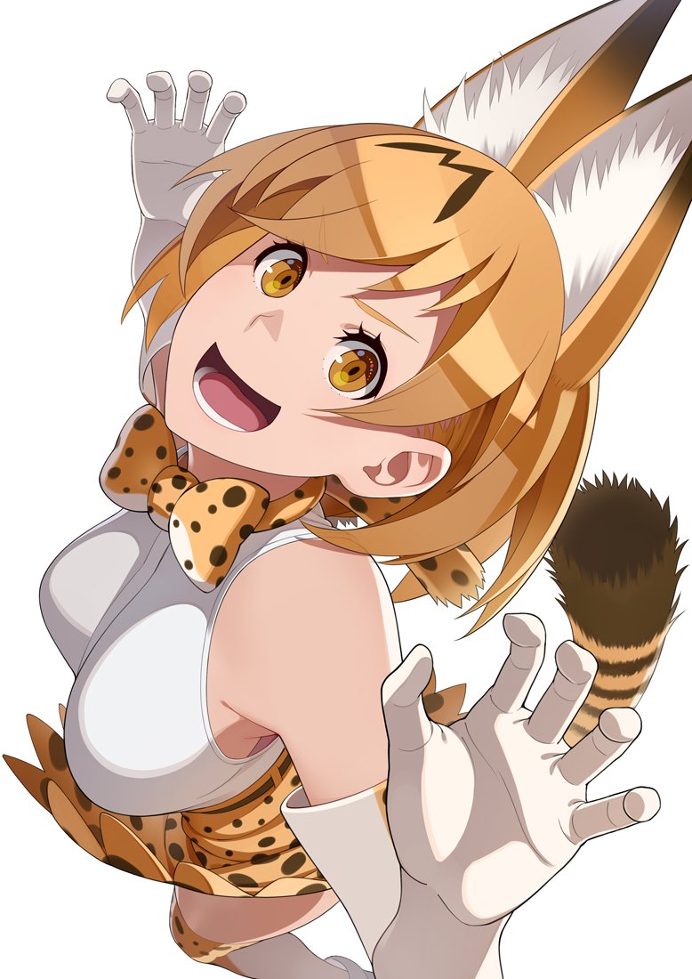1girl animal_ears bare_shoulders blonde_hair bow bowtie cat_ears cat_tail ear from_above gloves go_robots kemono_friends looking_at_viewer open_mouth serval_(kemono_friends) serval_ears serval_print serval_tail short_hair sleeveless tail thigh-highs