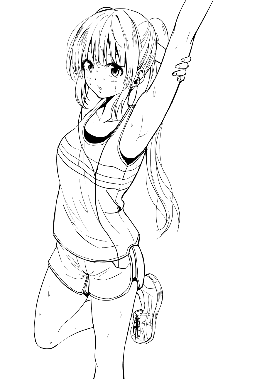 1girl armpits arms_up attsun_(atsushi_jb) bangs blush breasts collarbone earphones greyscale gym_shorts highres leg_up lineart long_hair looking_at_viewer medium_breasts monochrome open_mouth original ponytail shoes shorts sneakers solo standing standing_on_one_leg stretch sweat sweating tank_top