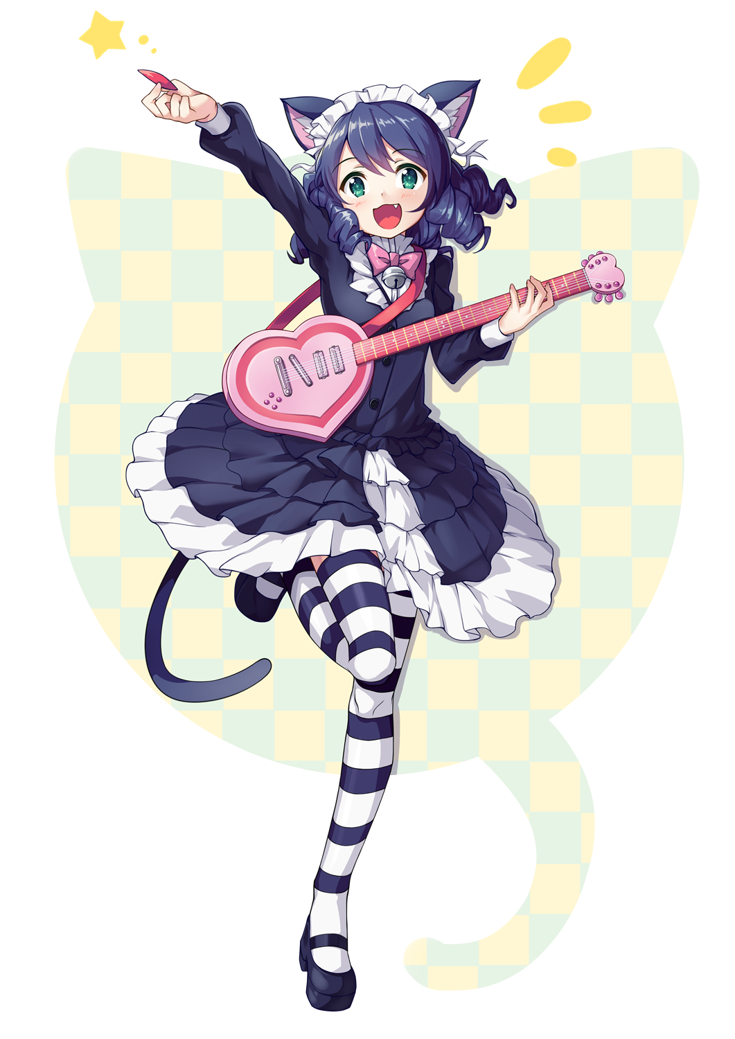 1girl :d animal_ears arm_up bell black_dress black_hair bow bowtie cat_ears cat_tail checkered cyan_(show_by_rock!!) dress drill_hair eyebrows_visible_through_hair fang full_body green_eyes highres holding_instrument long_hair looking_at_viewer maid maid_headdress one_leg_raised open_mouth pink_bow saiste show_by_rock!! smile solo standing striped striped_legwear tail thigh-highs