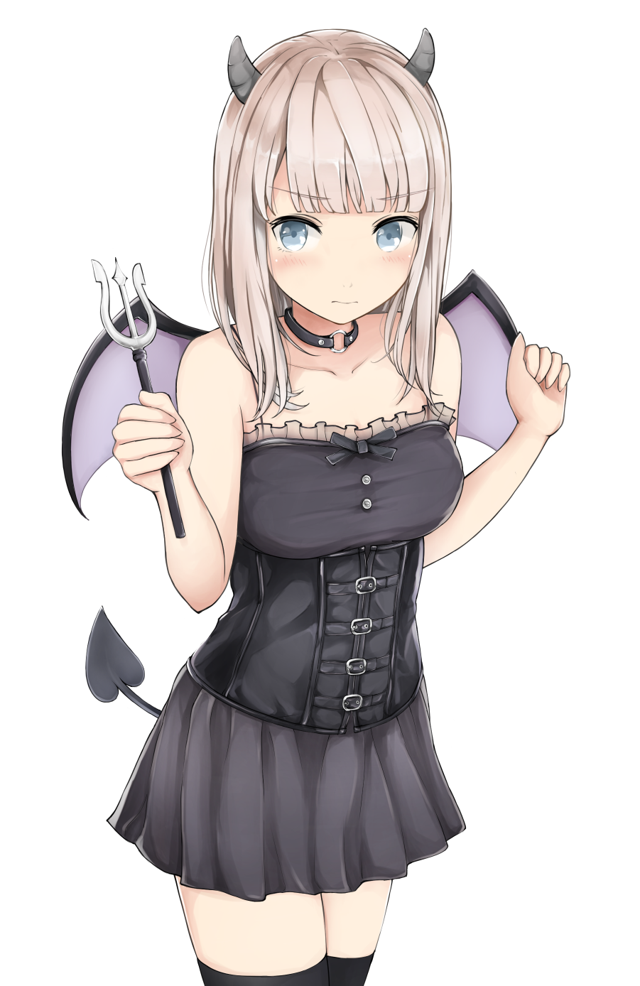 1girl black_choker black_legwear blue_eyes blush breasts cowboy_shot demon_horns demon_tail demon_wings dress expressionless hands_up highres horns lavender_hair long_hair looking_to_the_side medium_breasts original polearm shimamuucho simple_background solo standing strapless strapless_dress tail thigh-highs trident underbust weapon white_background wings zettai_ryouiki