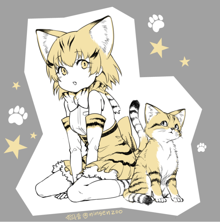 1girl :&lt; :d animal animal_ears artist_name bare_shoulders between_legs blonde_hair blush bow bowtie breast_pocket cat cat_ears cat_tail commentary elbow_gloves eyebrows_visible_through_hair eyelashes fang frilled_skirt frills full_body gloves grey_background hand_between_legs kemono_friends kneehighs ko-on_(ningen_zoo) looking_at_another looking_at_viewer looking_to_the_side looking_up multicolored_hair open_mouth outline partially_colored paw_background pocket sand_cat sand_cat_(kemono_friends) shirt short_hair sidelocks signature sitting skirt sleeveless sleeveless_shirt slit_pupils smile socks star starry_background streaked_hair striped_tail tail tareme twitter_username wariza whiskers white_outline white_shirt white_skin yellow_eyes