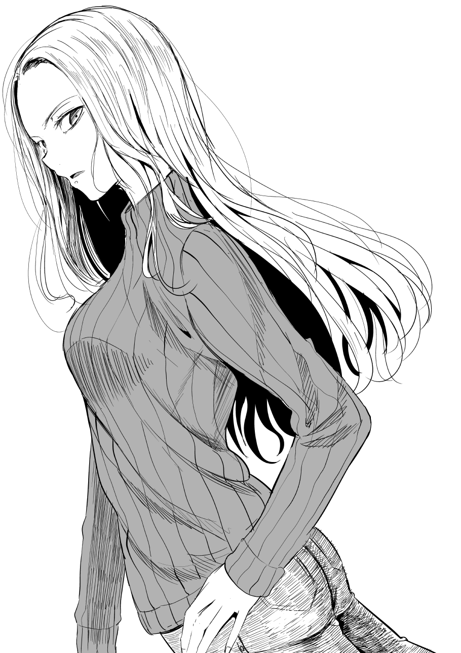 1girl attsun_(atsushi_jb) breasts denim dutch_angle forehead from_side greyscale highres jeans long_hair looking_at_viewer medium_breasts monochrome original pants parted_lips ribbed_sweater solo sweater turtleneck turtleneck_sweater