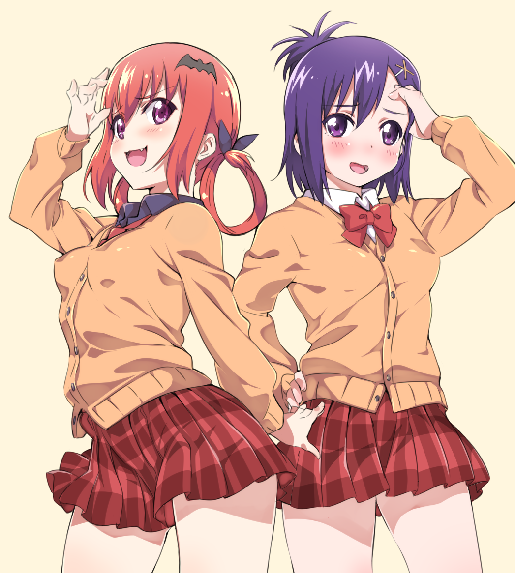 2girls bat_hair_ornament black_shirt blush bow cardigan collared_shirt fang gabriel_dropout hair_ornament hand_on_head hand_on_hip kurumizawa_satanichia_mcdowell long_sleeves multiple_girls necktie niko_(tama) open_mouth pleated_skirt purple_hair red_necktie redhead shirt short_hair simple_background skirt standing tsukinose_vignette_april twintails violet_eyes white_shirt