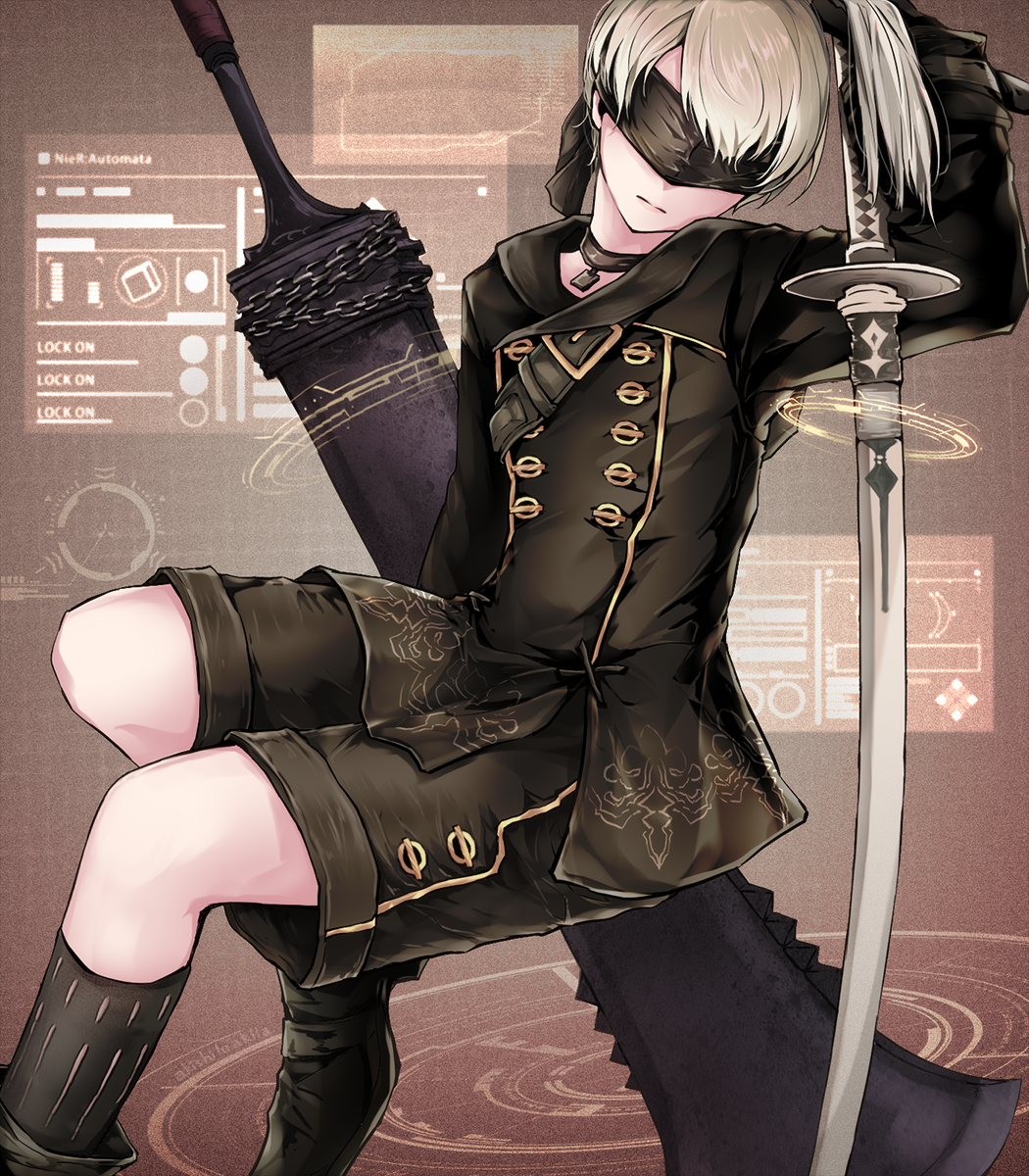 1boy akira_(aky-la) android black_clothes blindfold buckle choker expressionless gloves highres invisible_chair lips male_focus nier_(series) nier_automata pale_skin shoes short_hair shorts sitting solo sword text weapon white_hair yorha_no._9_type_s