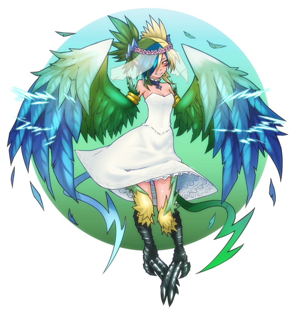 1girl bare_shoulders blonde_hair blue_hair breasts choker dress electricity feathered_wings green_hair hair_over_one_eye harpy head_wreath looking_at_viewer magnifire monster_girl monster_girl_encyclopedia multicolored multicolored_hair multicolored_wings pointy_ears small_breasts smile solo strapless strapless_dress talons thunderbird_(monster_girl_encyclopedia) veil white_dress winged_arms wings