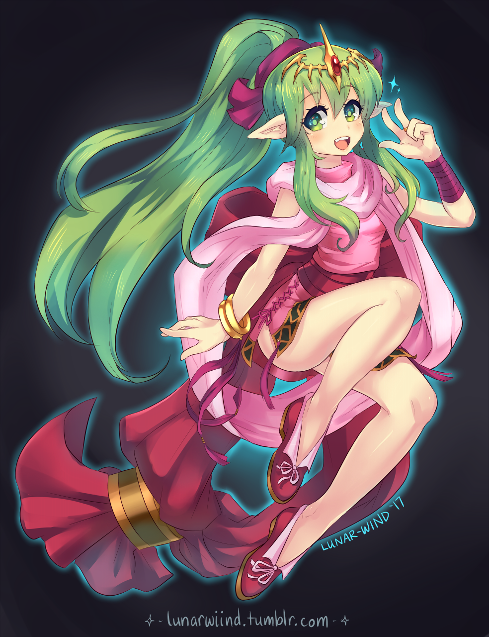 1girl :d artist_name bangs bare_legs blush bracelet chiki crown dark_background eyebrows_visible_through_hair fang fire_emblem full_body green_eyes green_hair hair_between_eyes hand_up highres jewelry long_hair looking_at_viewer lunar-wind open_mouth pink_ribbon pink_scarf pointy_ears ponytail red_shoes ribbon scarf shoes side_slit sidelocks sleeveless smile solo sparkle v very_long_hair watermark web_address