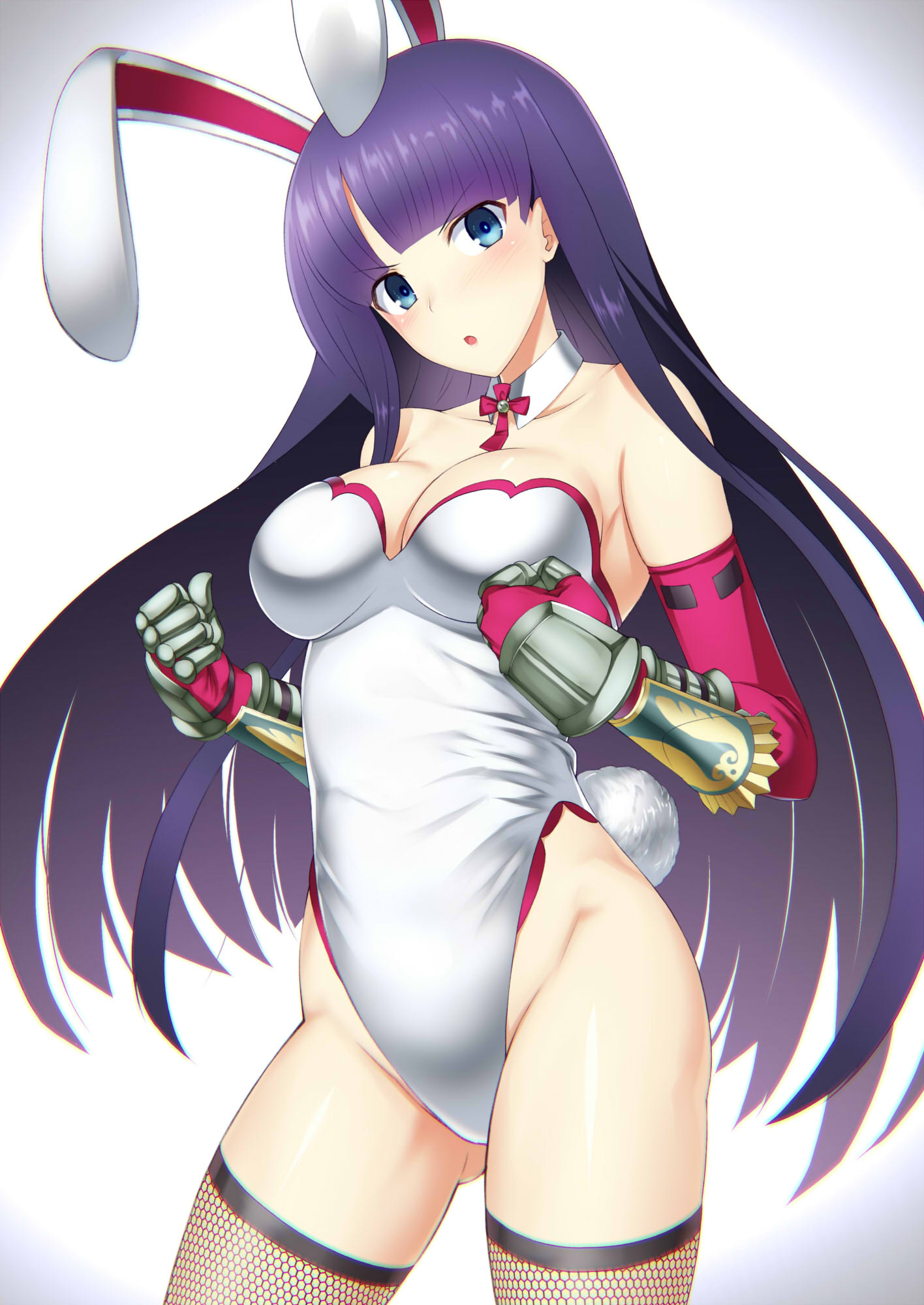 &gt;:o 1girl :o alternate_costume animal_ears bare_shoulders black_legwear blue_eyes blush breasts bunny_girl bunny_tail bunnysuit cleavage clenched_hands cowboy_shot detached_collar elbow_gloves emanon123 extra_ears fate/grand_order fate_(series) female fishnet_legwear fishnets gauntlets gloves gluteal_fold hands_up head_tilt highleg highleg_leotard highres hips large_breasts legs leotard long_hair looking_at_viewer neck open_mouth purple_gloves purple_hair rabbit_ears saint_martha standing strapless strapless_leotard tail thigh-highs thighs type-moon very_long_hair white_leotard