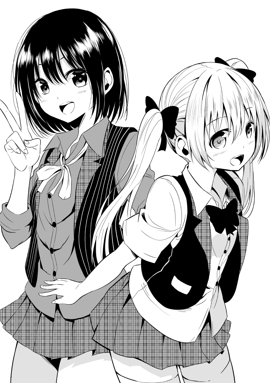 2girls :d attsun_(atsushi_jb) bangs black_hair blush collared_shirt cowboy_shot eyebrows_visible_through_hair greyscale hair_between_eyes hair_ribbon highres long_hair looking_at_viewer monochrome multiple_girls open_clothes open_mouth open_vest original plaid plaid_skirt pleated_skirt ribbon shirt short_hair short_sleeves skirt sleeves_rolled_up smile teeth thigh-highs twintails v vest wing_collar
