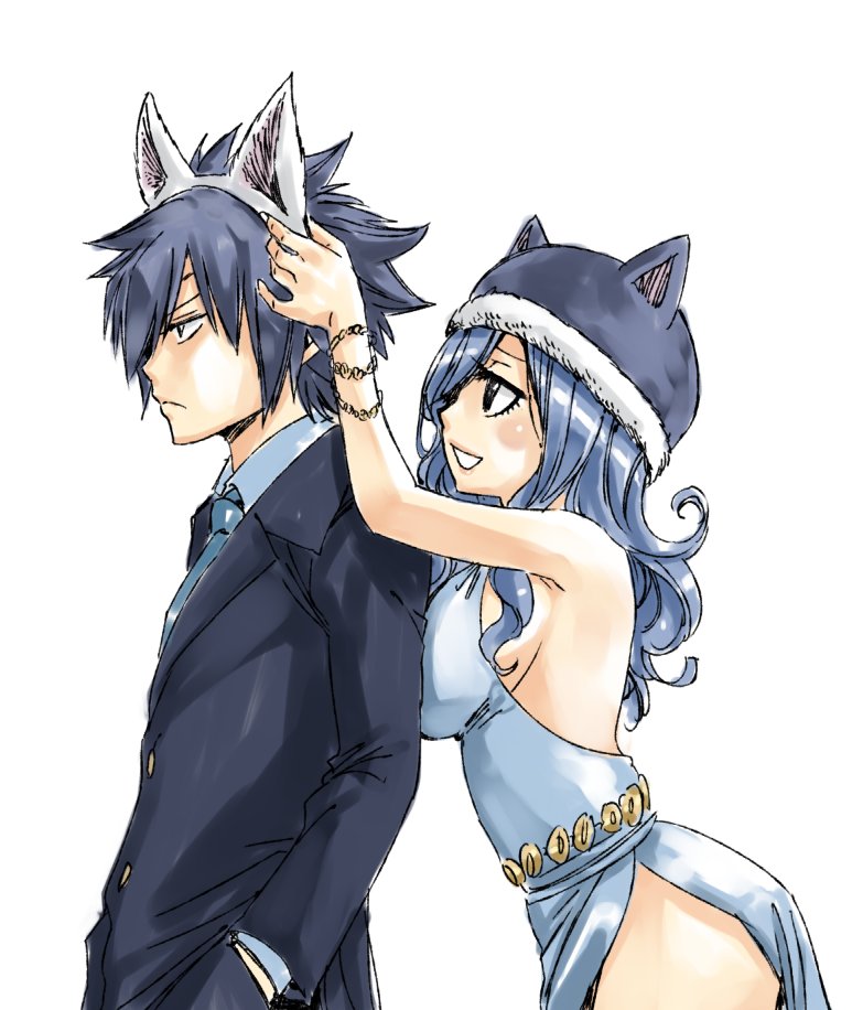 1boy 1girl animal_ears black_hair blue_hair breasts cat_ears cleavage dress fairy_tail fake_animal_ears formal fur_hat gray_fullbuster hat juvia_loxar mashima_hiro simple_background spiky_hair suit upper_body ushanka