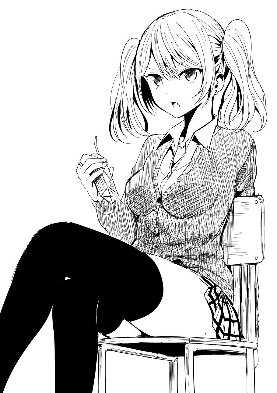&gt;:o 1girl :o attsun_(atsushi_jb) bangs black_legwear breasts cardigan chair earrings eyebrows_visible_through_hair greyscale hair_between_eyes highres holding jewelry juice_box legs_crossed medium_breasts monochrome open_mouth original plaid plaid_skirt pleated_skirt sitting sketch skirt solo stud_earrings thigh-highs thighs twintails