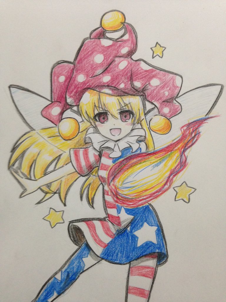 &gt;:d 1girl :d american_flag bangs blush clownpiece commentary_request cowboy_shot efukei eyebrows_visible_through_hair fairy_wings hair_between_eyes hat jester_cap long_hair looking_at_viewer neck_ruff open_mouth polka_dot short_sleeves smile solo standing star torch touhou traditional_media wings