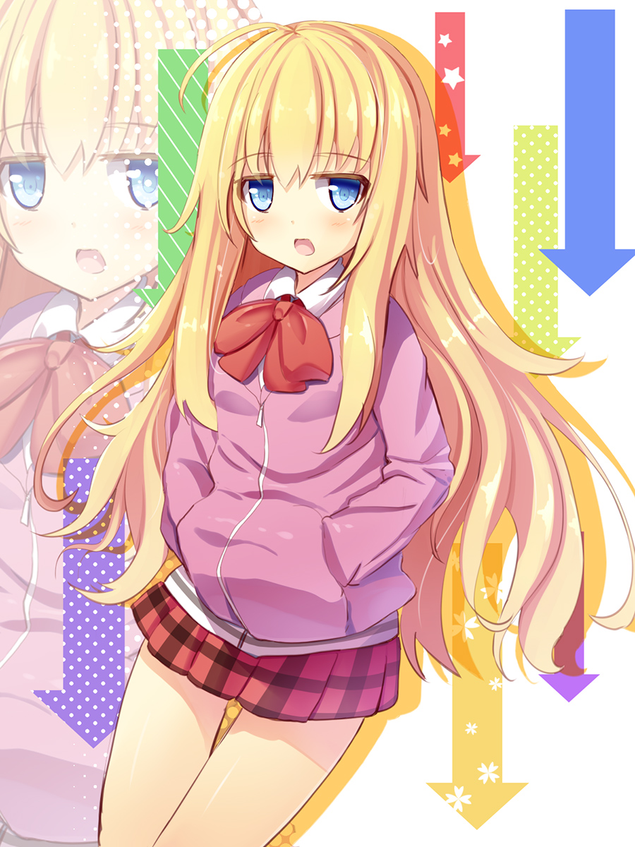 1girl ahoge blonde_hair blue_eyes colored_shadow contrapposto cowboy_shot directional_arrow gabriel_dropout hands_in_pockets highres jacket jitome liya long_hair long_sleeves looking_at_viewer open_mouth plaid plaid_skirt red_ribbon ribbon shadow skirt solo tenma_gabriel_white very_long_hair white_background zoom_layer