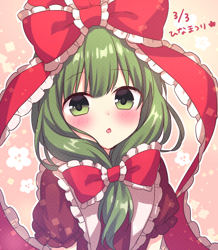 1girl :o amane_kurumi blush bow floral_background green_eyes green_hair hinamatsuri kagiyama_hina open_mouth red_bow red_ribbon ribbon short_hair solo touhou translated