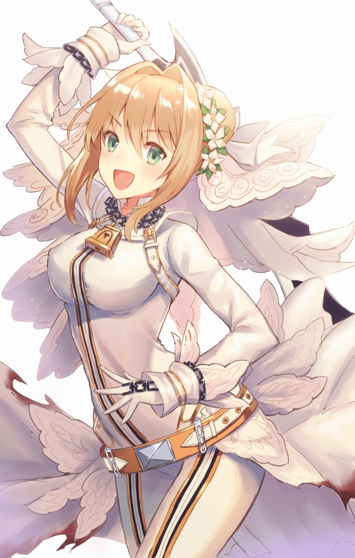1girl :d aestus_estus blonde_hair chains fate/extra fate/extra_ccc fate_(series) gloves green_eyes haru_(hiyori-kohal) holding holding_sword holding_weapon lock looking_at_viewer open_mouth saber_bride saber_extra short_hair simple_background smile solo sword veil weapon white_background white_gloves
