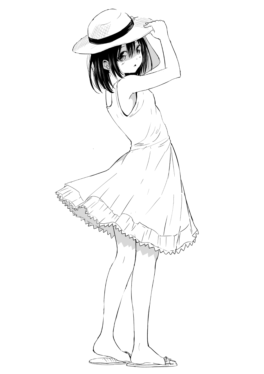 1girl attsun_(atsushi_jb) bangs black_hair blush dress from_side full_body greyscale hair_between_eyes hat highres looking_at_viewer looking_back monochrome original parted_lips slippers solo standing sun_hat sundress