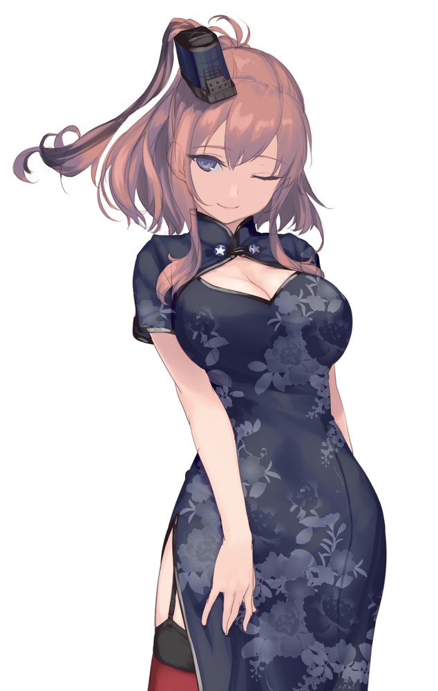 1girl alternate_costume black_dress blue_eyes breasts brown_hair china_dress chinese_clothes contrapposto cowboy_shot dated dress floral_print garter_straps hair_between_eyes kantai_collection large_breasts light_smile lips long_hair looking_at_viewer one_eye_closed ponytail red_legwear rokuwata_tomoe saratoga_(kantai_collection) side_ponytail signature thigh-highs