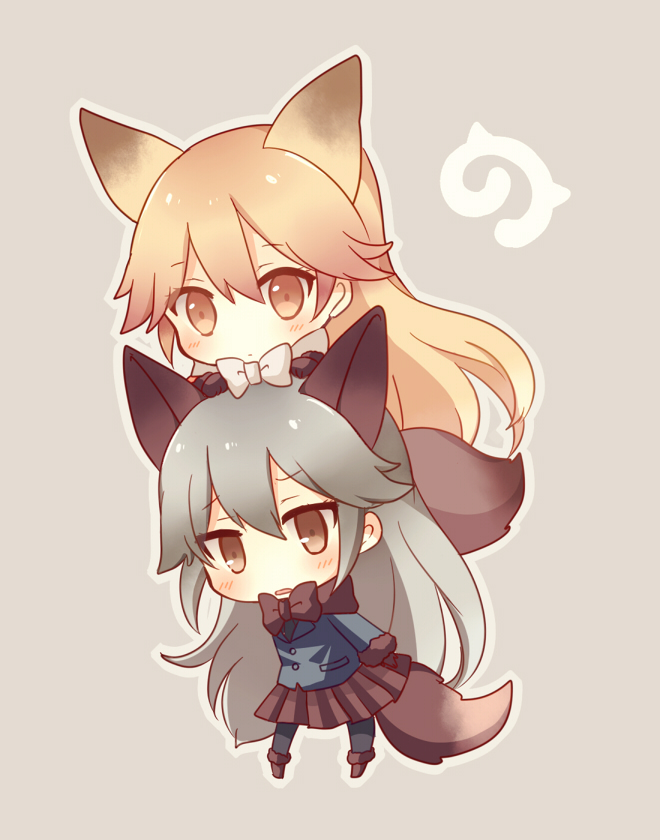 2girls :| animal_ears black_gloves black_legwear blazer blonde_hair blue_jacket blue_necktie blush boots bow bowtie brown_boots brown_bow brown_bowtie brown_skirt buttons chibi closed_mouth d: expressionless eyebrows_visible_through_hair eyelashes ezo_red_fox_(kemono_friends) fox_ears fox_tail full_body fur-trimmed_boots fur-trimmed_sleeves fur_trim gloves grey_background grey_bow grey_bowtie grey_hair hair_between_eyes hands_on_another's_head jacket japari_symbol kemono_friends konno_(pixiv_23416142) long_hair long_sleeves looking_at_viewer multiple_girls necktie no_nose on_head open_mouth orange_jacket outline pantyhose pleated_skirt pocket silver_fox_(kemono_friends) simple_background skirt tail very_long_hair