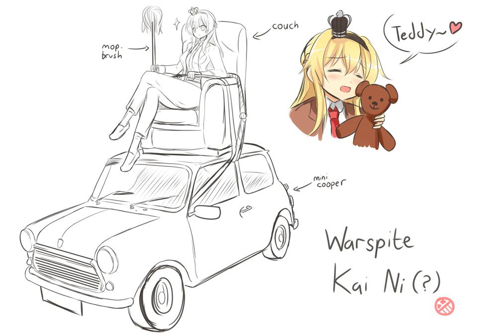 blonde_hair car cosplay couch ground_vehicle heart kantai_collection mini_cooper mop motor_vehicle mr_bean mr_bean_(character) mr_bean_(character)_(cosplay) necktie parody setia_pradipta source_request spoken_heart stuffed_animal stuffed_toy teddy_bear warspite_(kantai_collection)