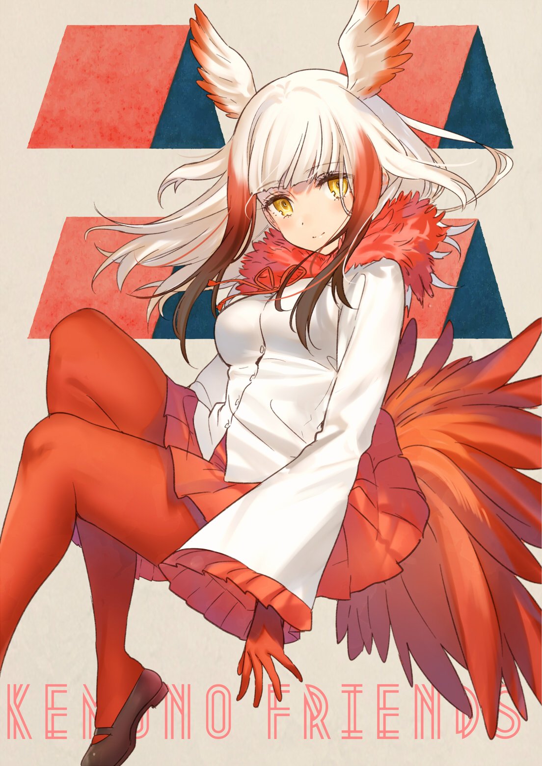 1girl bangs beige_background bird_tail blunt_bangs blush breasts brown_shoes buttons collar commentary copyright_name crested_ibis_(kemono_friends) dot_nose drawstring english eyebrows_visible_through_hair eyelashes feathered_wings feathers floating frilled_sleeves frills fur_collar gloves gradient_hair head_wings highres kemono_friends kippu large_breasts long_sleeves looking_at_viewer mary_janes multicolored_hair pantyhose pleated_skirt red_gloves red_legwear red_skirt redhead romaji shirt shoes short_hair short_hair_with_long_locks sidelocks skirt smile solo tail two-tone_hair white_hair white_shirt wide_sleeves wings yellow_eyes