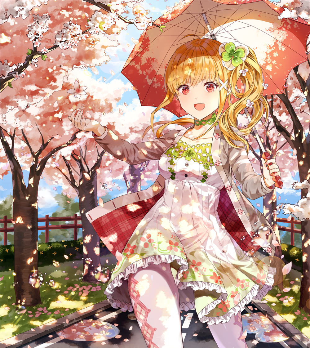 1girl blonde_hair blush eyebrows_visible_through_hair hair_ornament holding holding_umbrella kim_eb looking_at_viewer open_mouth original petals red_eyes short_hair side_ponytail smile solo tree umbrella x_hair_ornament