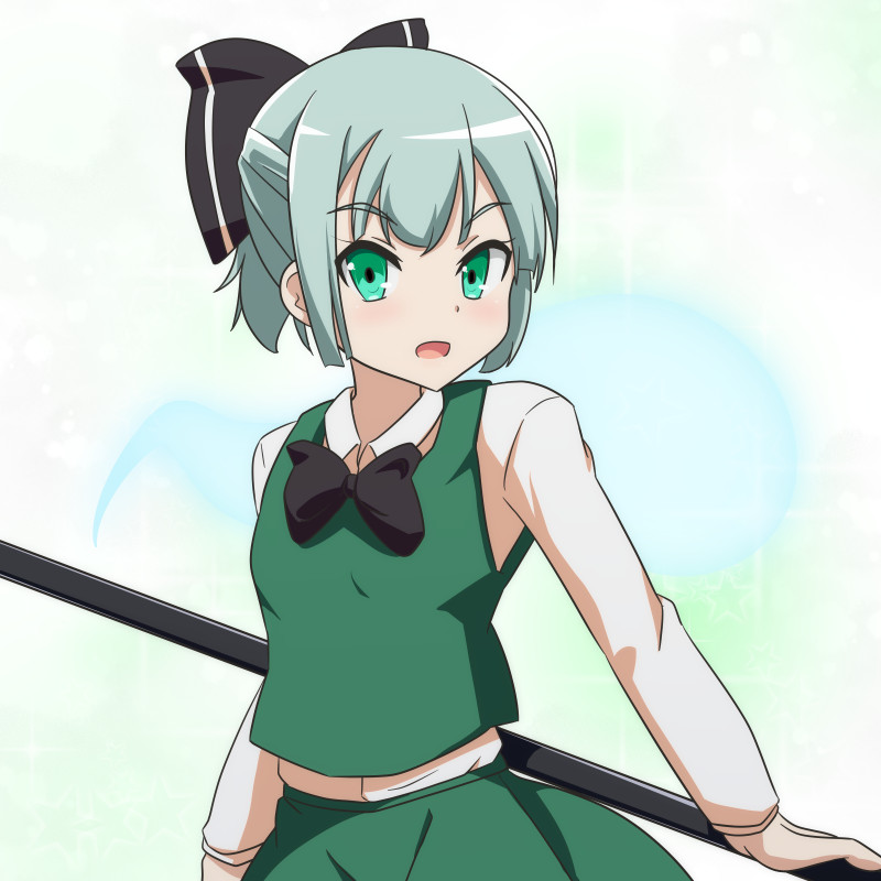 1girl alternate_hairstyle bangs black_bow black_ribbon blush bow bowtie breasts cato_(monocatienus) collared_shirt commentary d:&lt; green_eyes green_hair hair_bow konpaku_youmu konpaku_youmu_(ghost) long_sleeves looking_at_viewer looking_back ponytail ribbon scabbard sheath shirt short_hair short_ponytail silver_hair skirt skirt_set small_breasts solo touhou tsurime vest