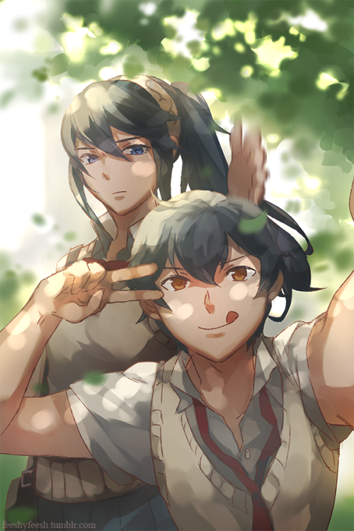 1boy 1girl fire_emblem fire_emblem:_kakusei frown image_sample looking_at_viewer lucina mark_(fire_emblem) outdoors self_shot smile tumblr_sample uniform v